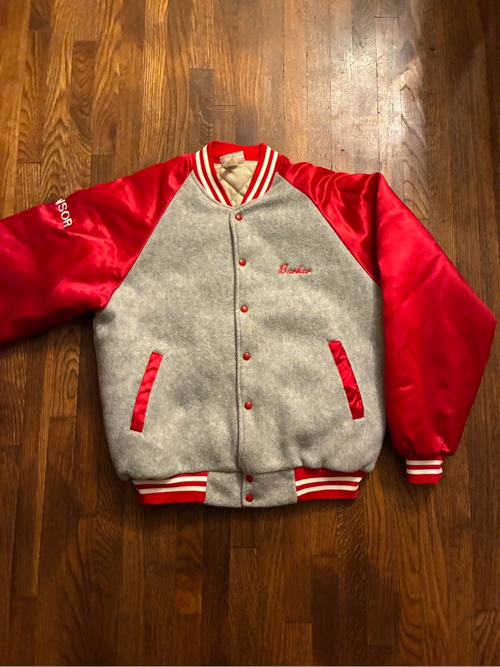 Vintage Red & Gray Bomber Jacket with Embroidered Logo